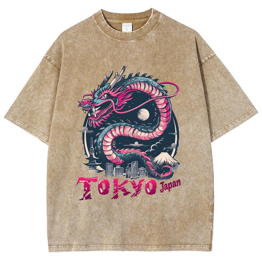 Japanische Cartoon Drache Tokio Buchstaben Print Damen T-Shirt Übergroß Gewaschene Baumwolle Halbarm Lockeres Design Street Top