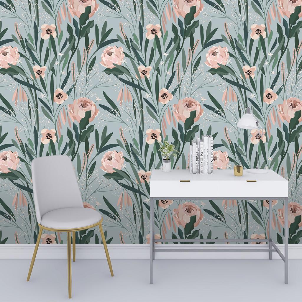 Boho Pink Floral Peel and Stick Wallpaper Self Adhesive Wallpaper Green Leaf Removable Contact Paper for Bathroom Kitchen