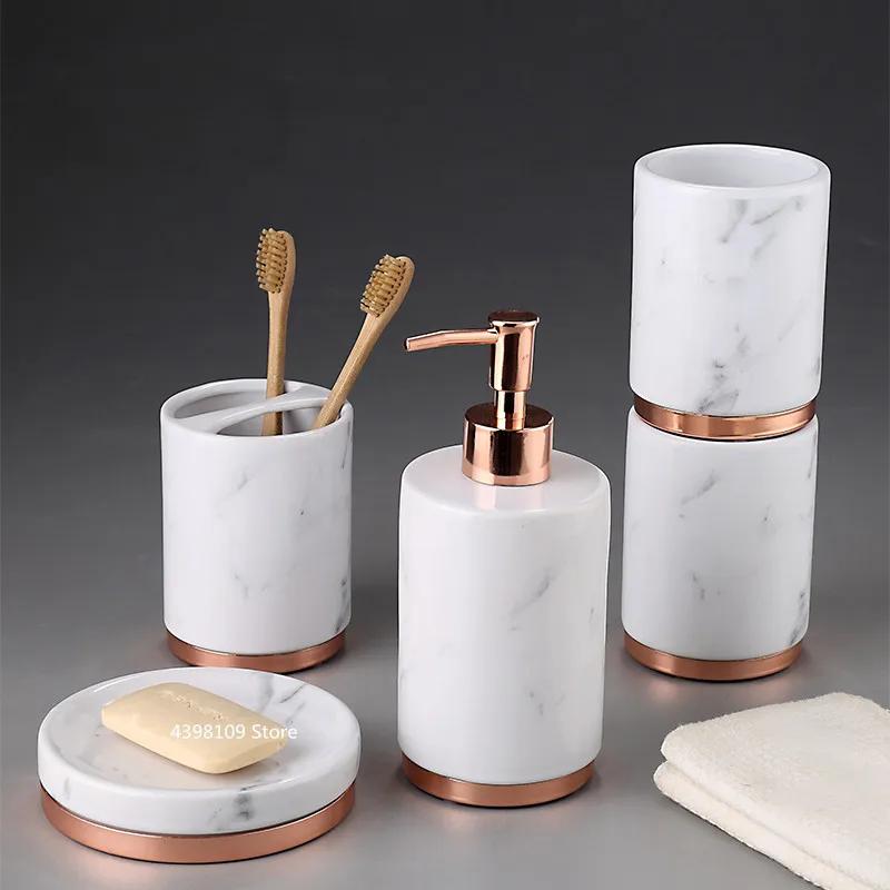 Black Marble Texture Ceramic Bathroom Supplies / Bathroom Accessories with Dispenser Toothbrush Holder Soap Dispenser Tray