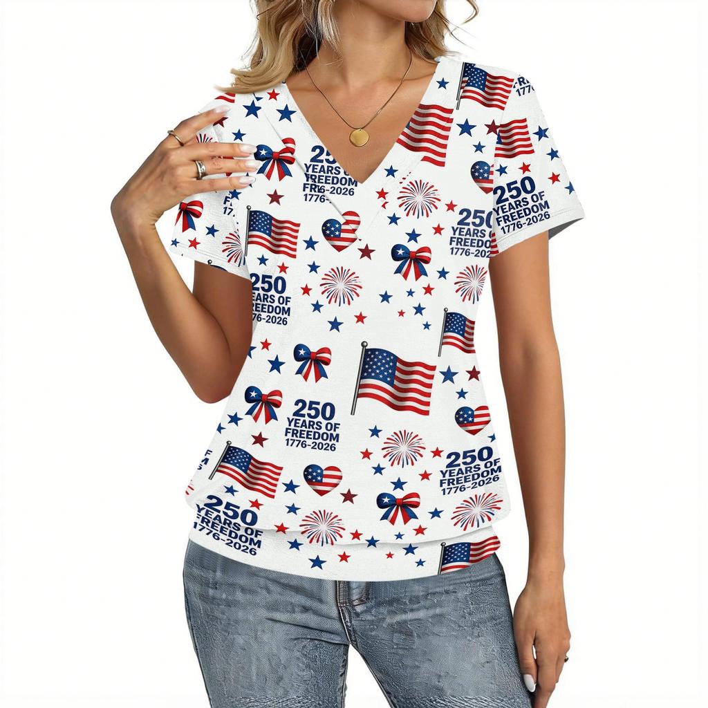 Women's Casual Short Sleeve V Neck Top American Flag Print Lightweight Summer Shirt Comfortable Fit