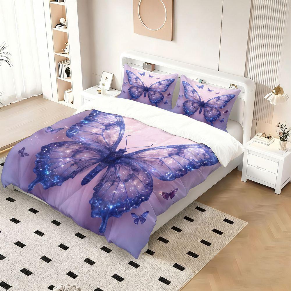 Blue Butterfly Print Duvet Cover Set(1 Duvet Cover & 1/2 Pillowcase) Aesthetic Galaxy Bedding Set For Bedroom Decor