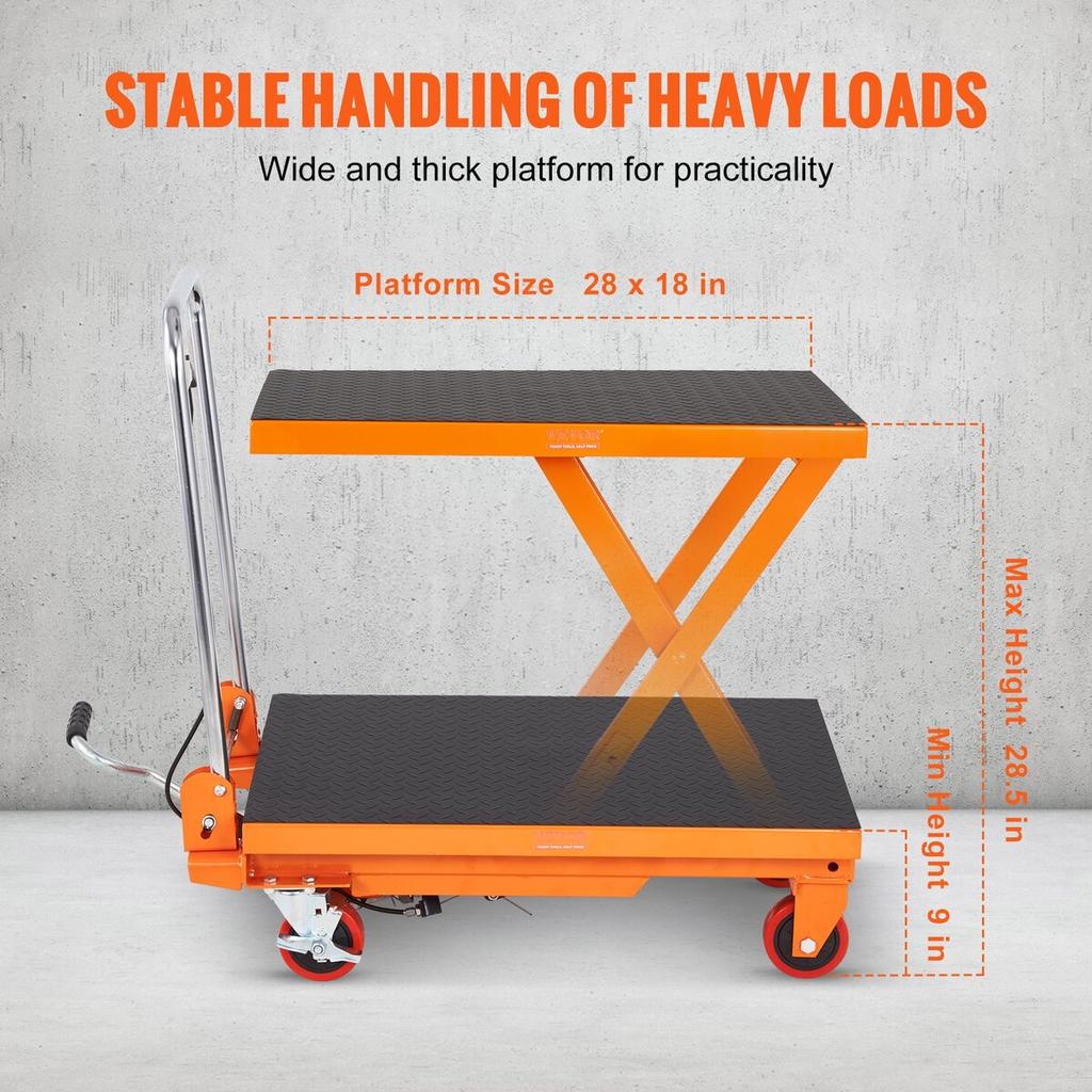 Hydraulic Lift Table Cart, 330lbs Capacity 28.5" Lifting Height, Manual Single Scissor Lift Table with 4 Wheels and Non-slip Pad, Hydraulic Scissor