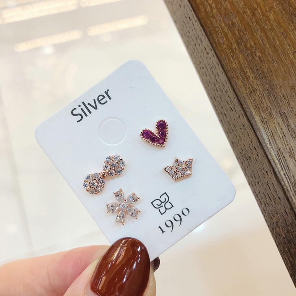 4 Pcs/set Fashion Simple Bowknot Crown Heart-shaped Flower Ear Studs Set