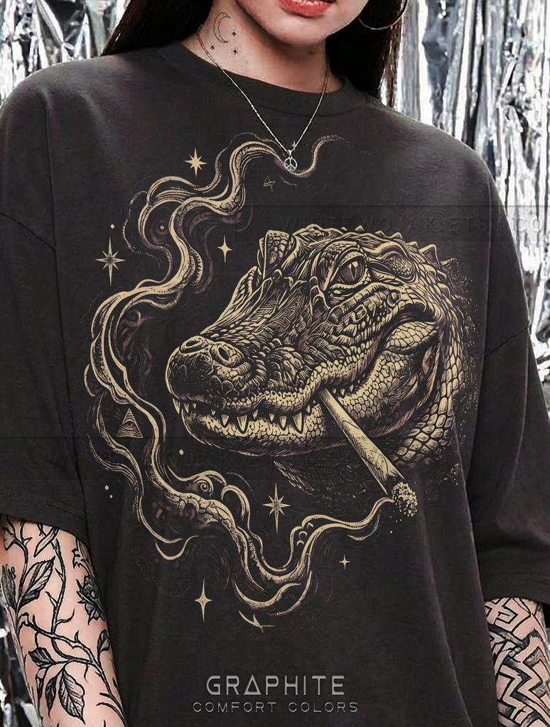 Alligator Crocodile Smoking Cigar Swamp Animal Comfort Colors® Tshirt, Reptile Lover Wildlife Nature Dark Art Vintage Bootleg 90s Tee
