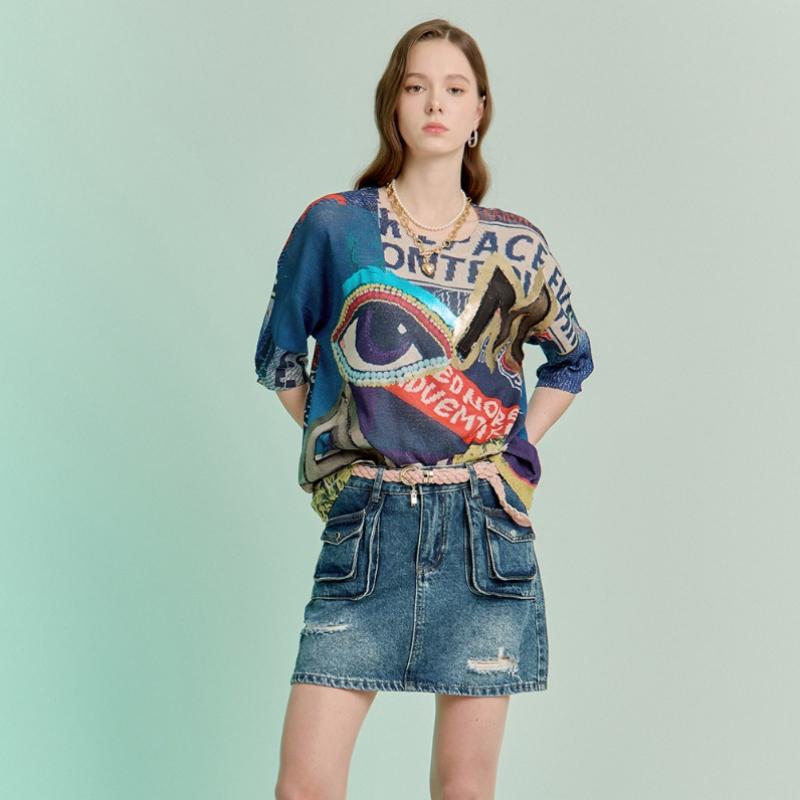 Maxza Pop Art Lettering Printing Loose Fit Round Neck Short Sleeve Knit Zd07qk002on