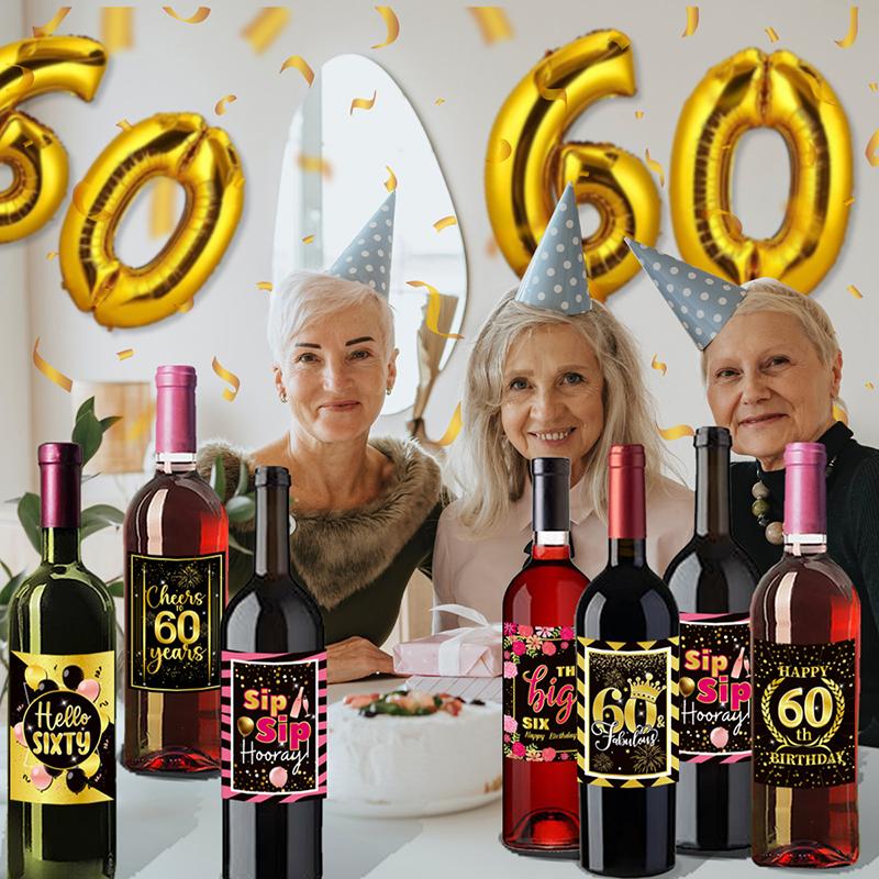6Pcs Birthday Party Wine Bottle Stickers Suitable For 30/40/50/60 Birthday Celebrations Holiday Wine Bottle Labels