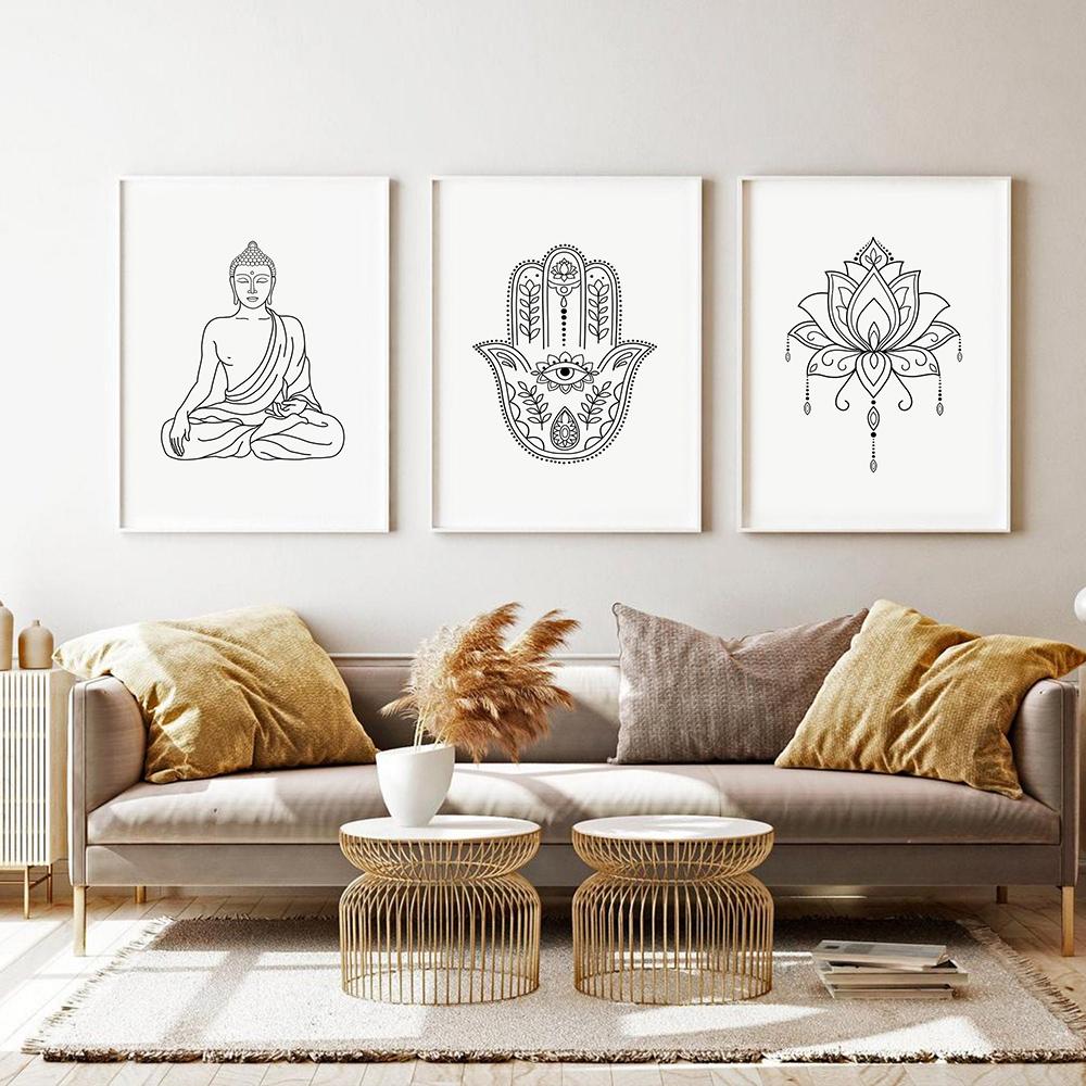 Meditating Buddha Lotus Hamsa Yoga Line Canvas Painting Poster Zen Line Wall Art Prints Boho Pictures for Living Room Home Decor