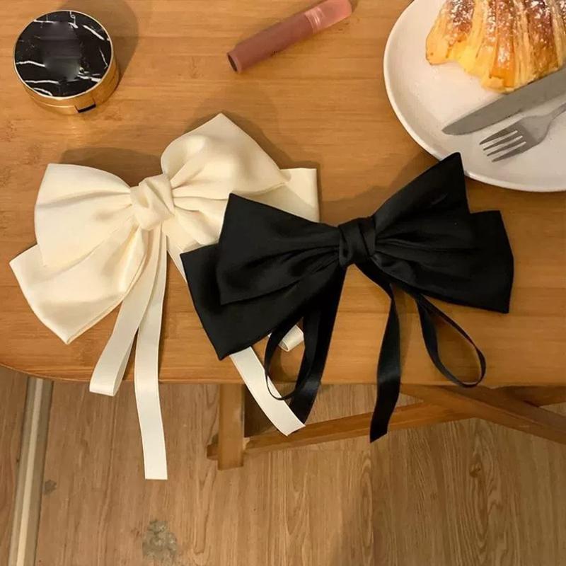 1Pc Summer Huge Bow Hair Clip Long Streamer Duck Billed Clip White Large Bowknot Satin Hairpin Elegant And Sweet Hair Accessory