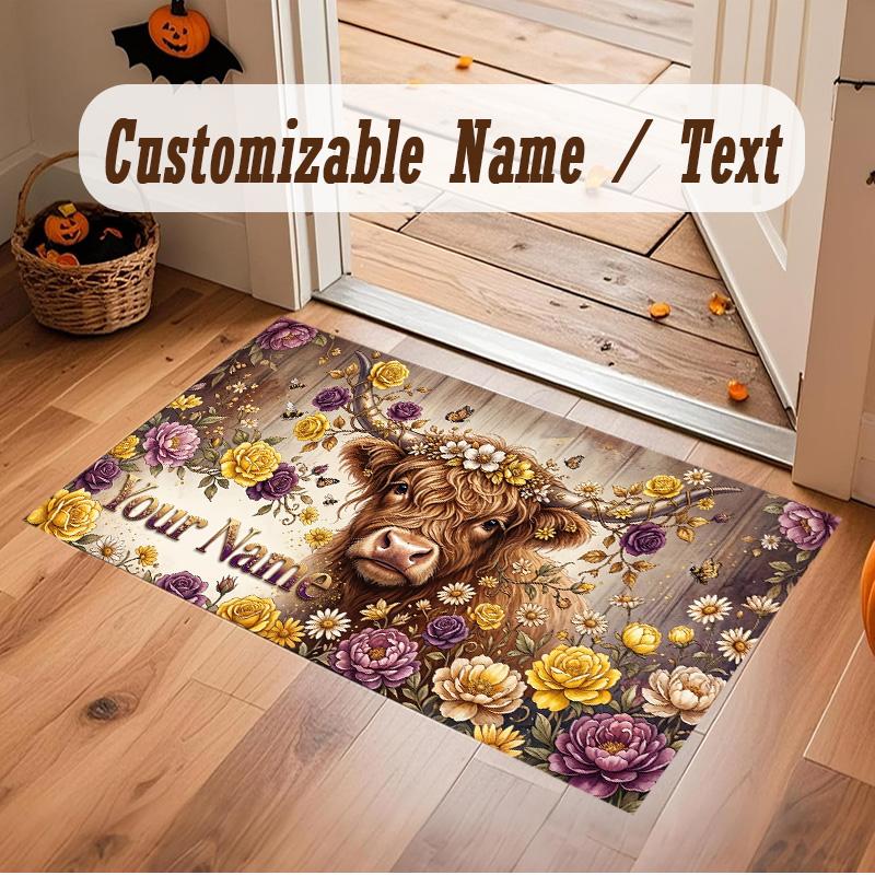 Highland Cow Theme Soft Crystal Velvet Rug Custom Name & Text Print Non Slip Floor Rug for Bedroom Living Room