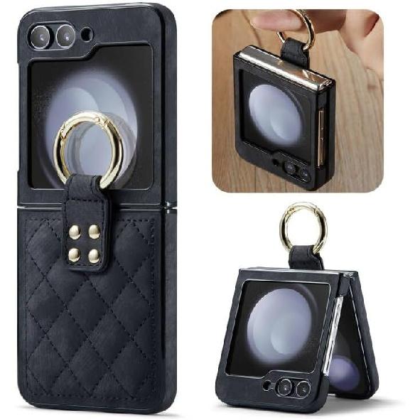Designed for Galaxy Z Flip 5 5G Case with Ring Vegan Leather Shockproof Cover for Samsung Z Flip 5 (2023)-Purple