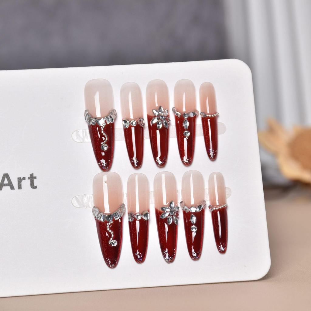 Handmade Red Cat Eye French Style Nail Tips - Wearable Finished False Nails Stickers