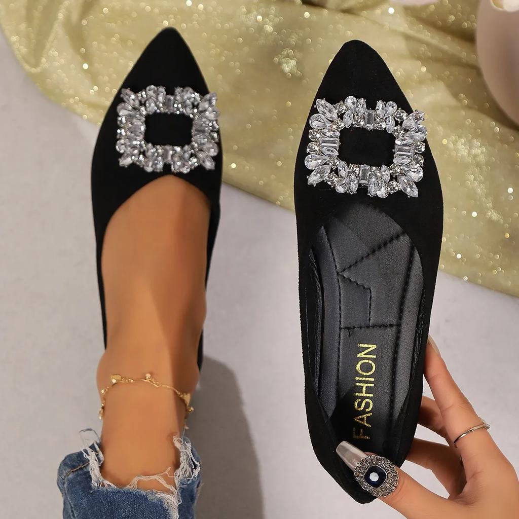 2024 New Spring and Autumn Flat Shoes Women's Shoes Pointed Diamond Metal Square Buckle Single Shoes