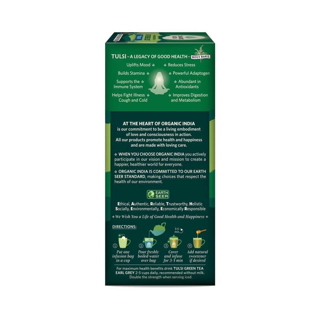 Green Tea with Tulsi and Bergamot (25 Packs, 1.8 G), Tulsi Green Tea Earl Grey, Organic India