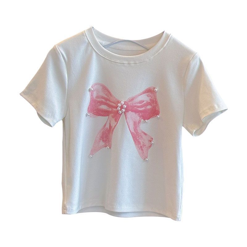 Girls Summer Bow Short-sleeved T-shirt Loose Middle-aged Children's All-match Fashionable Tops