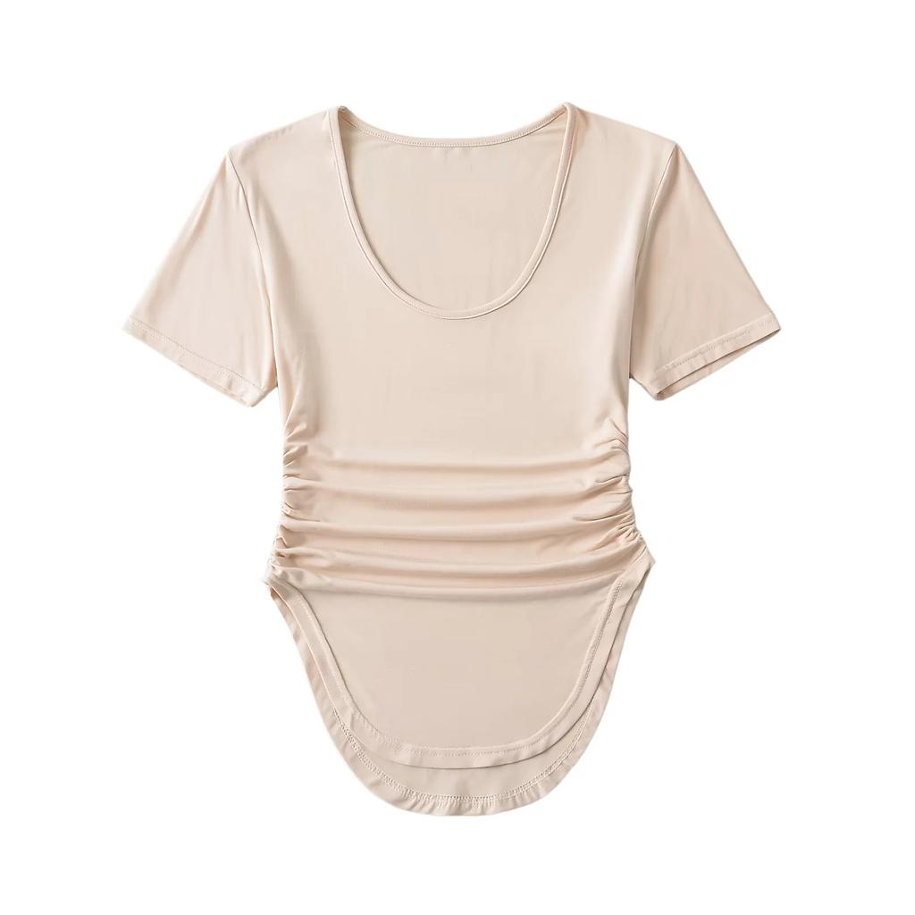 2025 Summer New Versatile Big U Neck Show Chest, Wrinkle And Waist Short Sleeve T-Shirt Skin Friendly Solid Color Curved Bottom Top