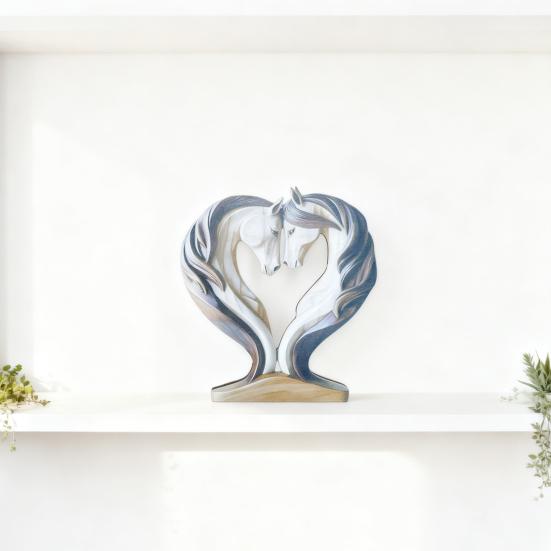 Wooden Horse Ornament Handcrafted Farmhouse Rustic Love Heart Double Horse Figurine Statue Sculpture Home Office Desktop Decoration Ornament