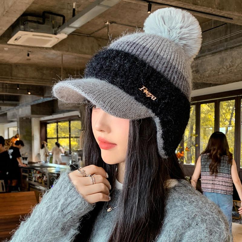 Knit Hat Women Winter Warm Woolen Earmuff Cap With Short Brim For Casual Fashion