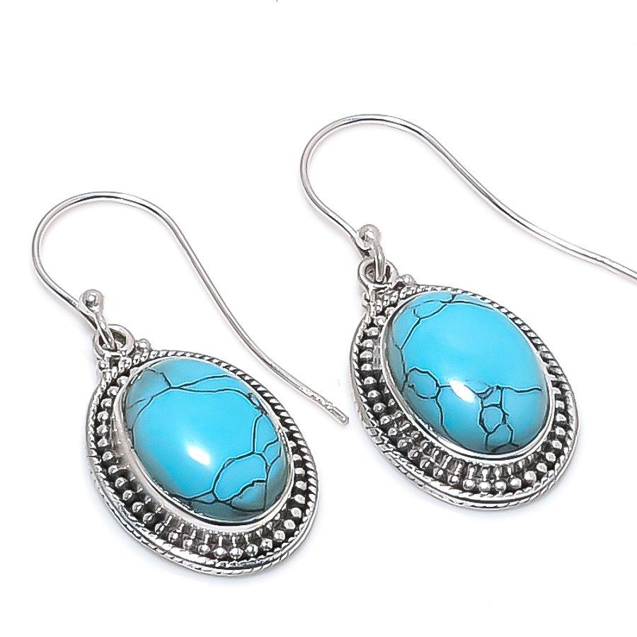 Natural Turquoise Gemstone Handmade 925 Solid Sterling Silver Earring 1.25" V2T56