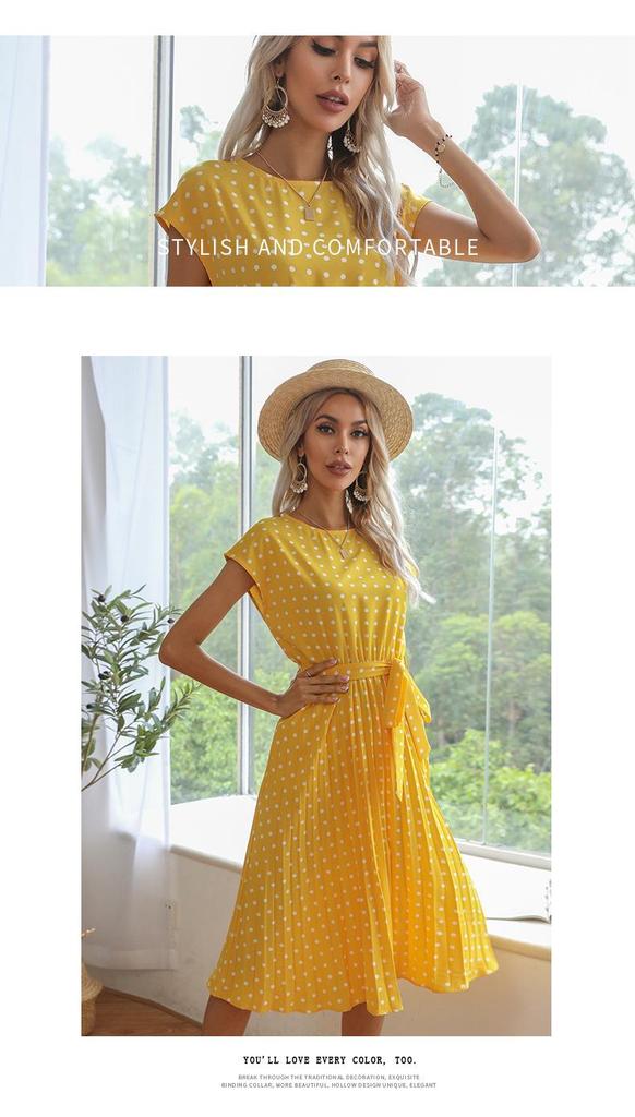 Women's Summer Polka Dot Round Neck Midi Dress with Retro Pleated Skirt