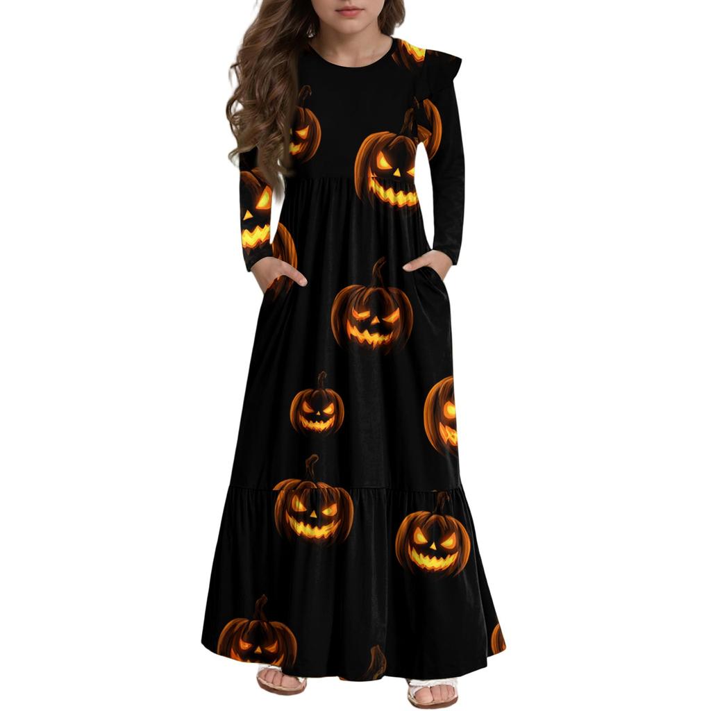 Robe à volants étagés pour filles Jour d'Halloween - Maxi imprimée à manches longues avec poches