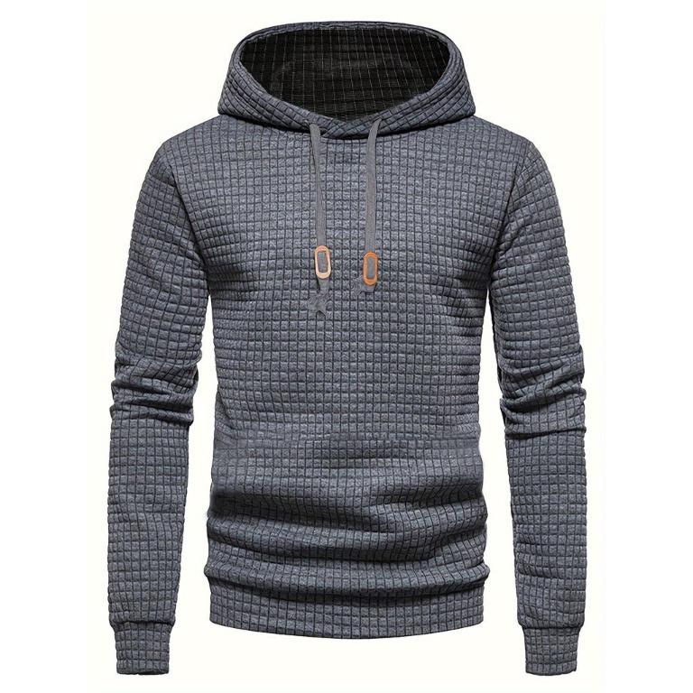 Men's Waffle Pattern Solid Color Hoodie Casual Pullover Hooded Sweatshirt for Autumn and Winter