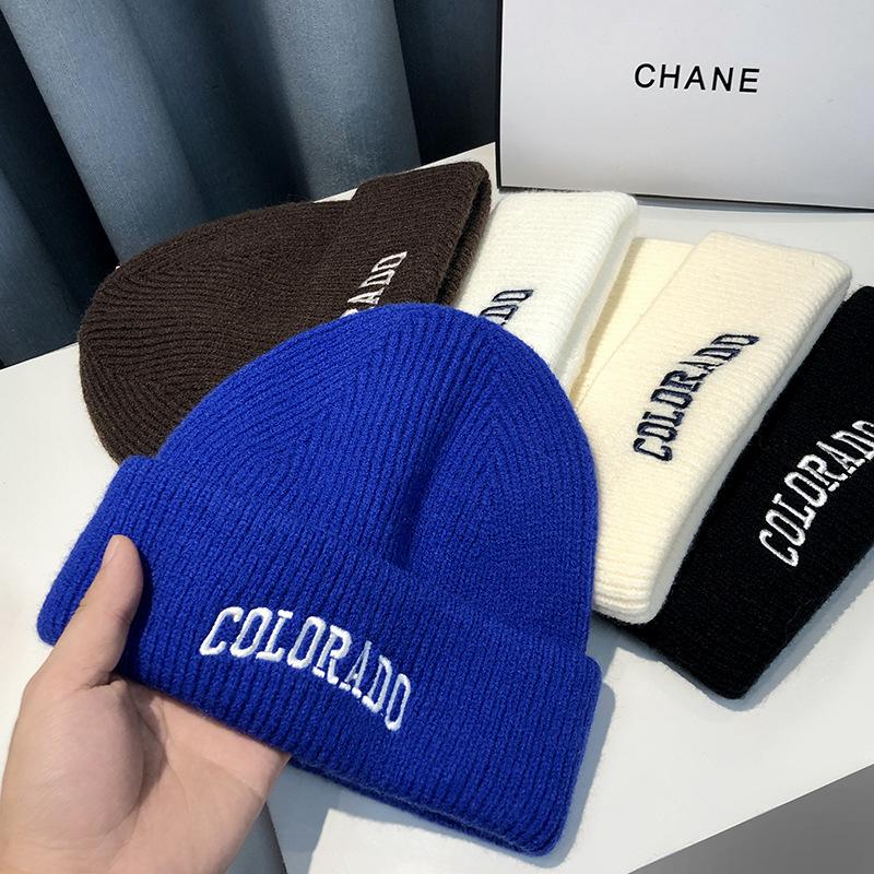 Knitted Hat Women's Autumn and Winter Letter Embroidery Wool Hat Warm Versatile Pullover Ear Protector Cold Hat Men's Trend