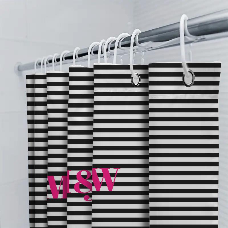 Bathroom Decor Shower Curtain Striped Pattern Print Monogram Custom Name Wedding Gift For Girls Pink M W (Black / W
