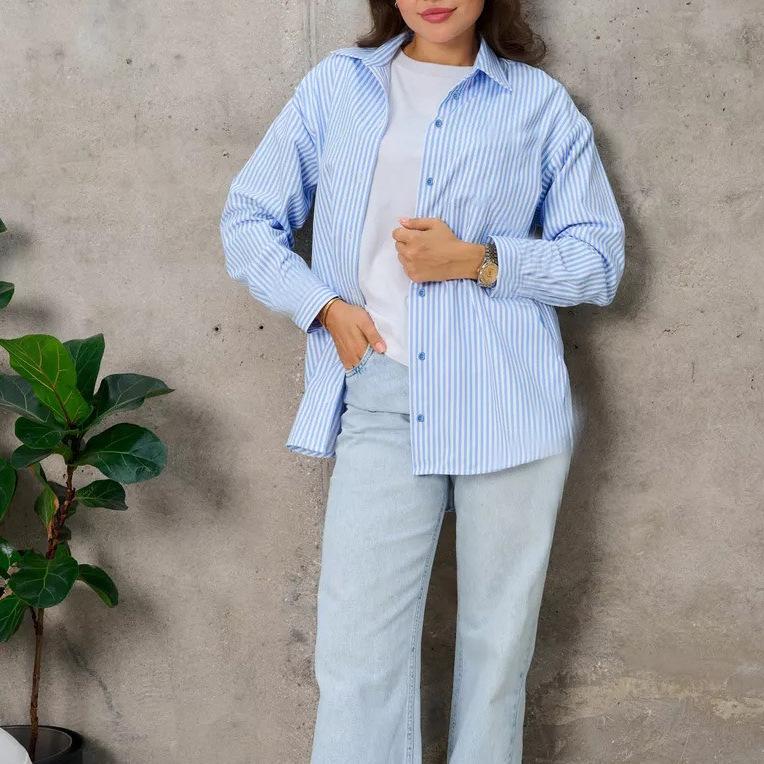 European and American women's clothing loose pure cotton striped women's clothing shirt work shirt casual long-sleeved shirt
