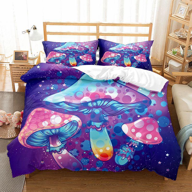 Mushroom Kids Duvet Cover Set King/Queen Size, Cartoon Trippy Colorful Fantasy Mushroom Soft Bedding Set For Girl Teen