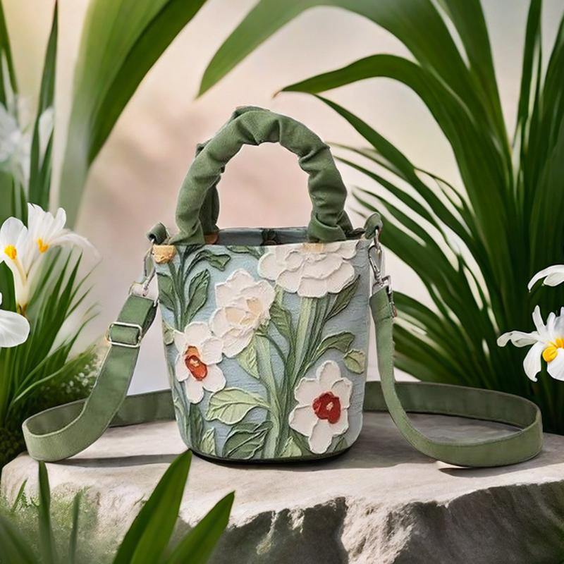 Oil Painting Flower Advanced Feeling Crossbody Handle Bucket Women's Bag Korean Illustration Literary Watercolor Creative
