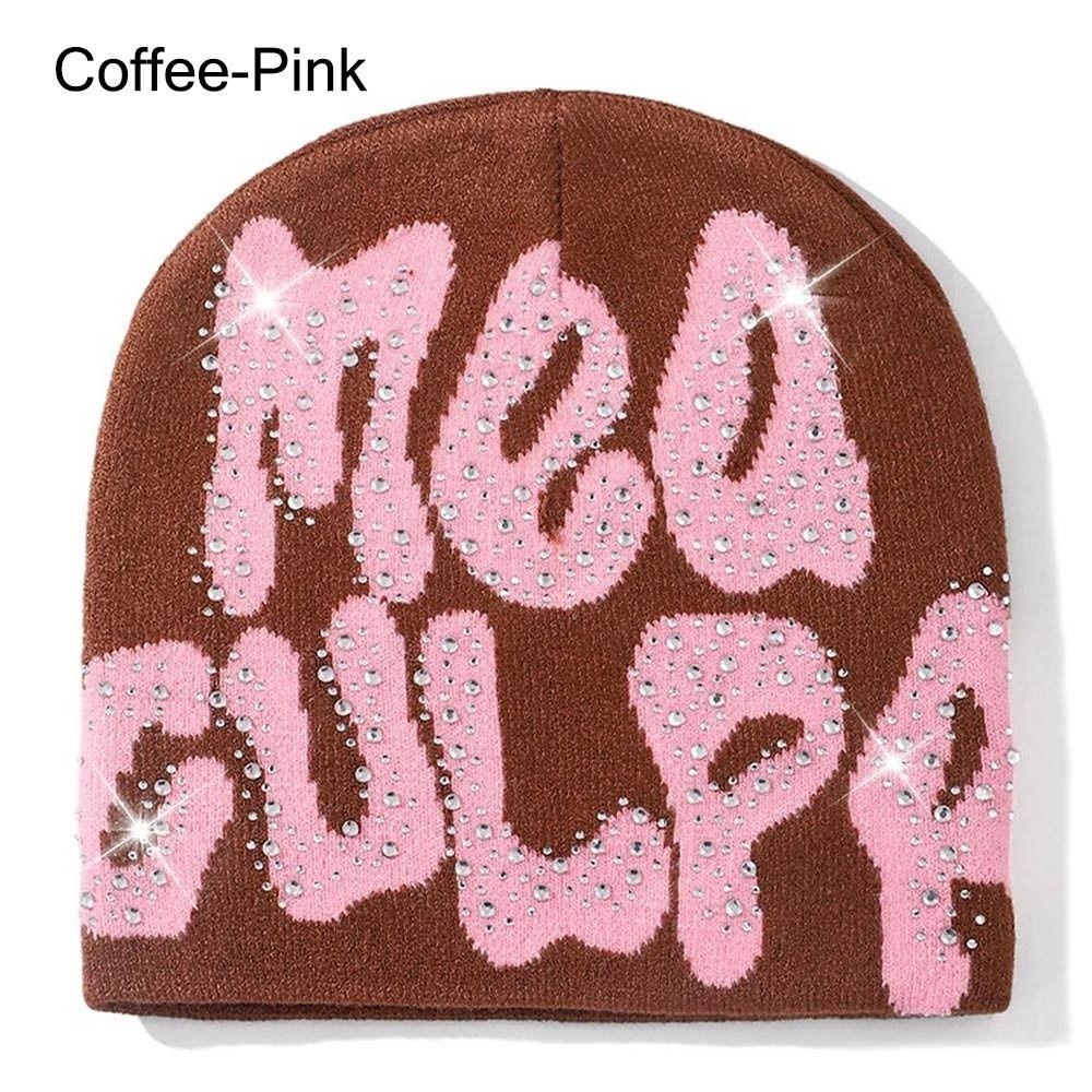 Warm y2k Beanies Hats Knitted Slouchy Cap MEA Culpa Beanies Hat with Rhinestone  for Women Men