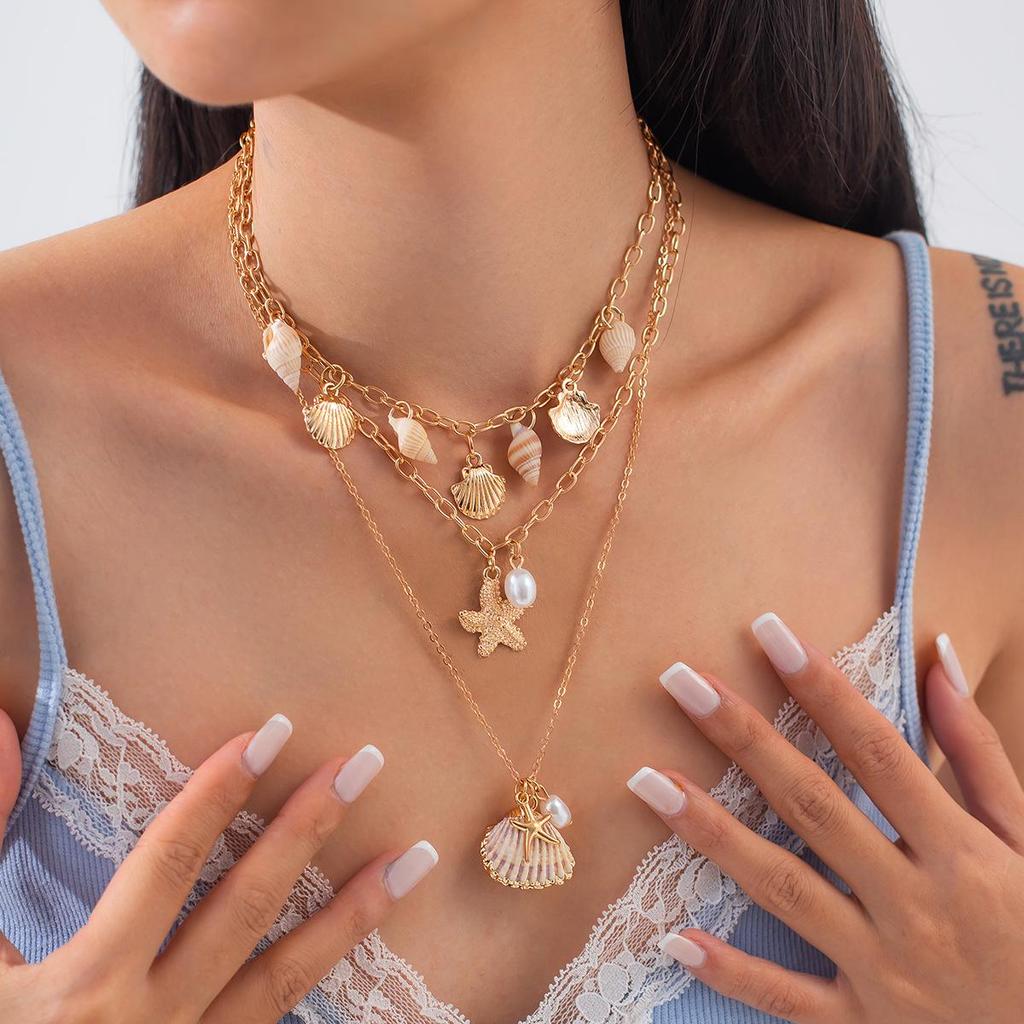 3pcs Bohemian Shell Starfish Pendant Necklace Ocean Series Multi-layered Alloy Pearl Clavicle Chain Necklaces for Women Summer Fashion Jewelry