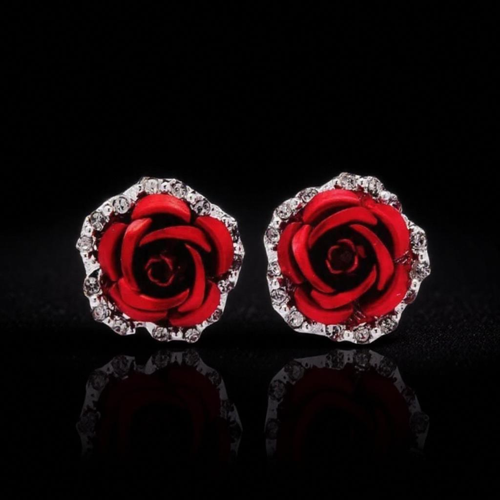 Rose Shaped 4 Color Alloy Rhinestone Stud Earrings for Women Silver Plated Crystal Rose Earrings Fashion Jewelry Gift