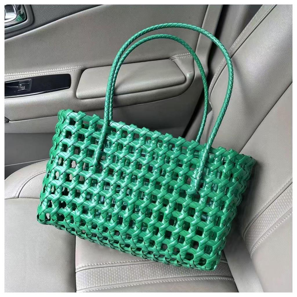 Hand-Woven PVC Shoulder Bag: French-Style Basket for Beach or Market