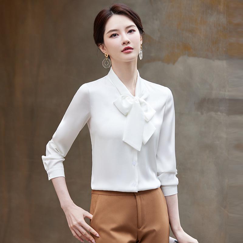 Women's Drapey V-Neck Ribbon Long Sleeve White Shirt - Professional Spring/Autumn Workwear Top