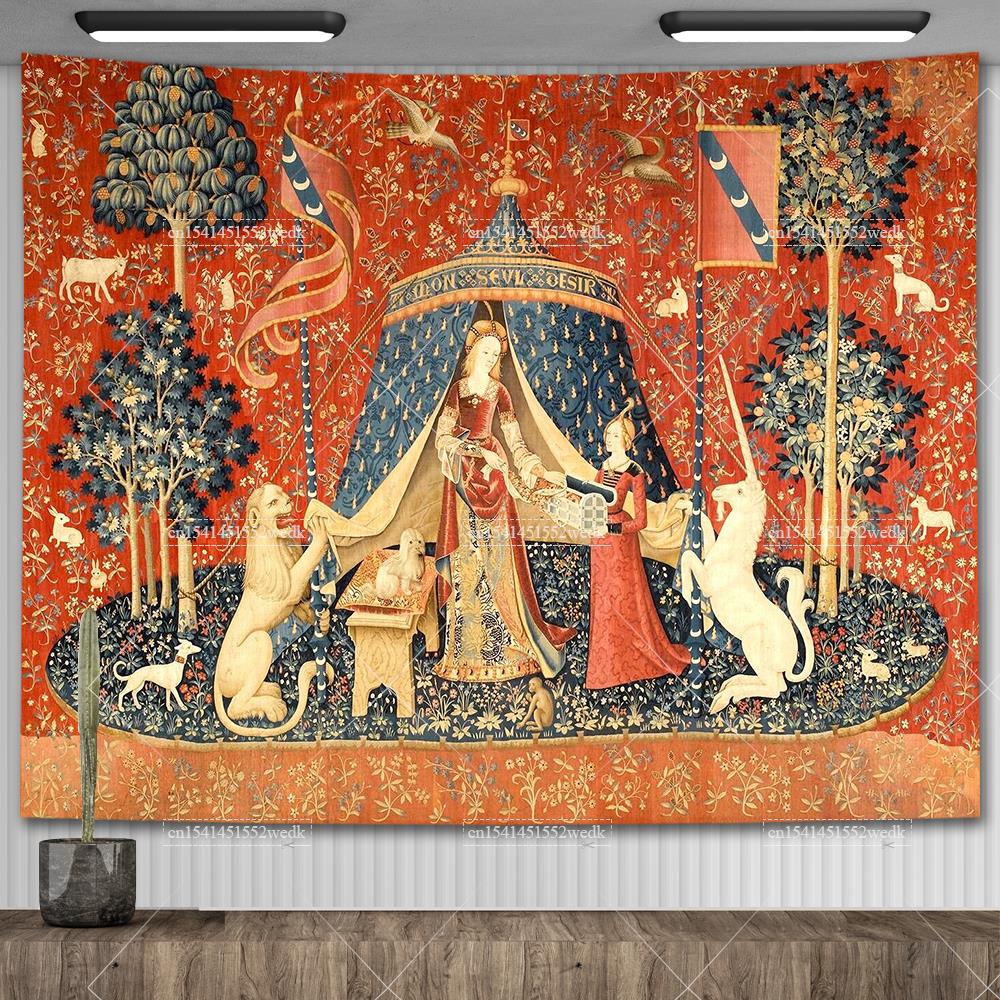 Medieval Lady And The Unicorn Tapestry Wall Hanging Multifunction Home Decor Background Decor Bedspread Blanket Mat Covering