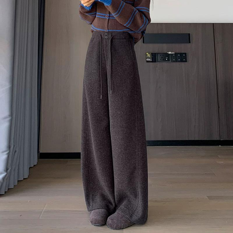 Xin Xin Women's Plus Velvet Thick Woolen Curved Leg Trousers - Loose, Straight, Wide-Leg for Autumn Winter 2025