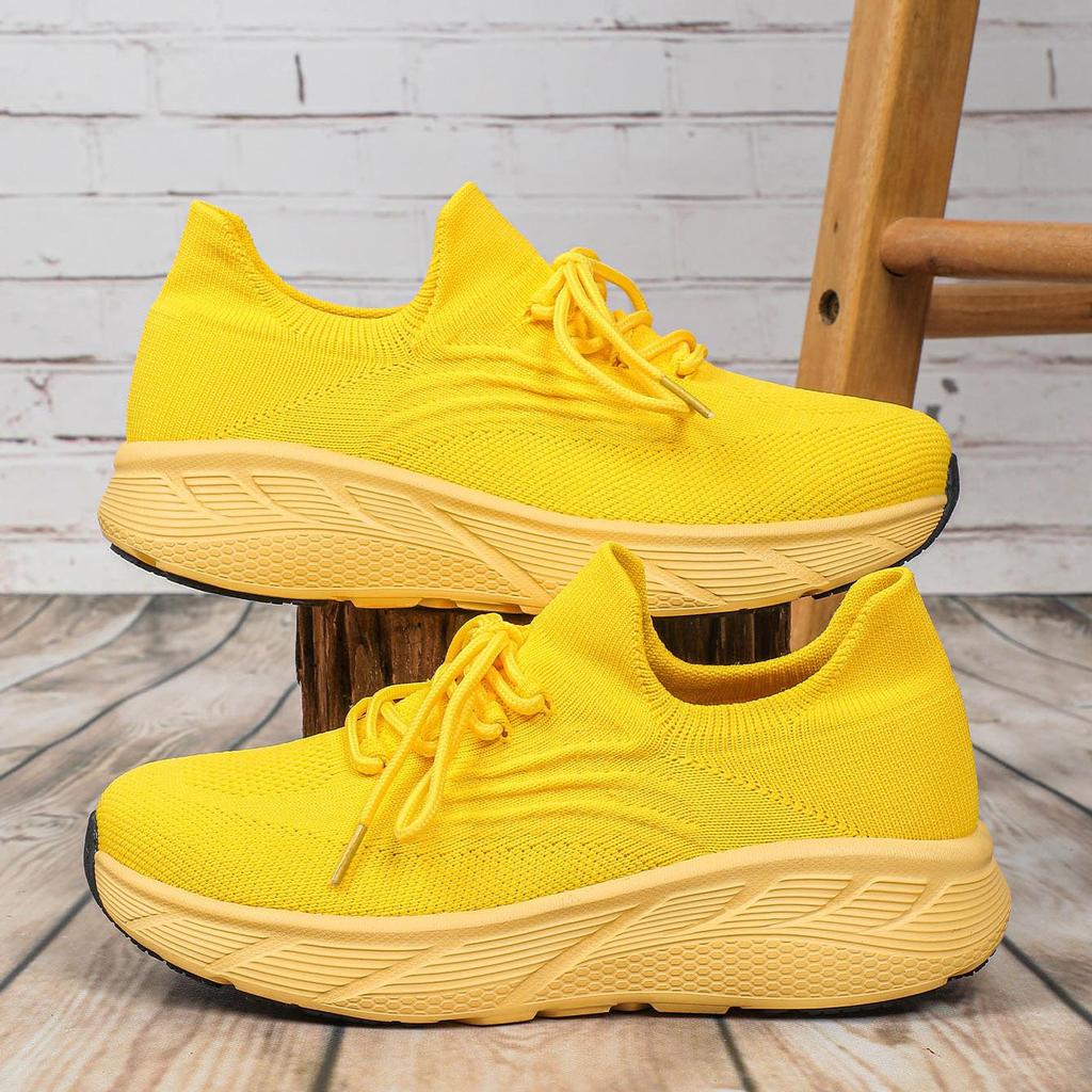 Breathable Mesh Platform Sneakers Women Casual Shoes Yellow Tennis Shoes Woman Lightweight Knit Thick Sole Sports Shoes Ladies