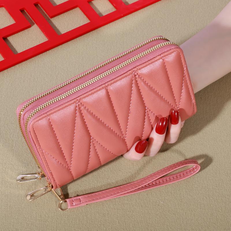 Simple Large-capacity Long Wallet, Solid Color Zipper Coin Purse, Valentine's Day Clutch Bag With Wristband
