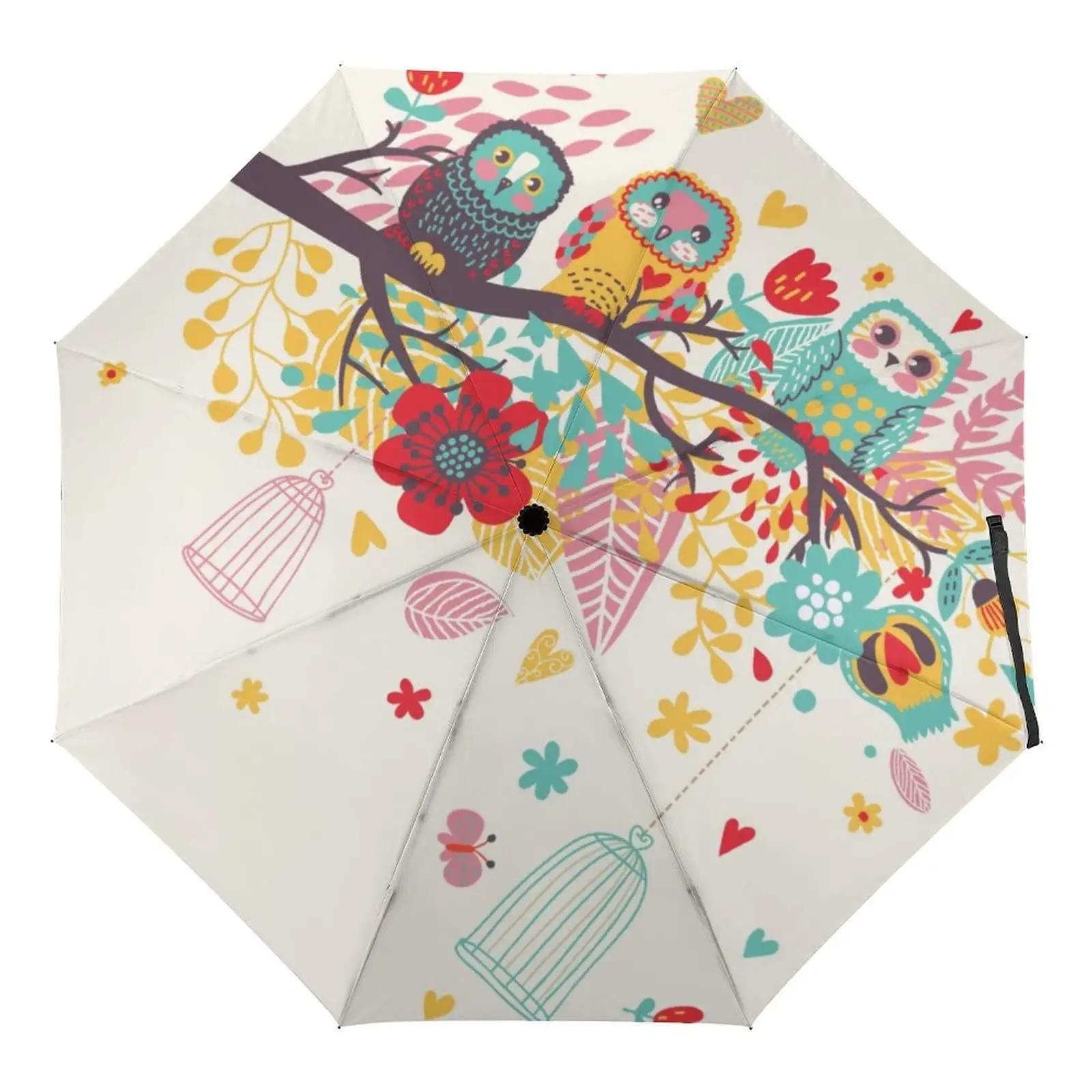Cute Cartoon Owl Mushroom Folding Umbrella Nocturnal Animals Compact Windproof Travel Umbrellas Rain Sun for Adults Teens Kids