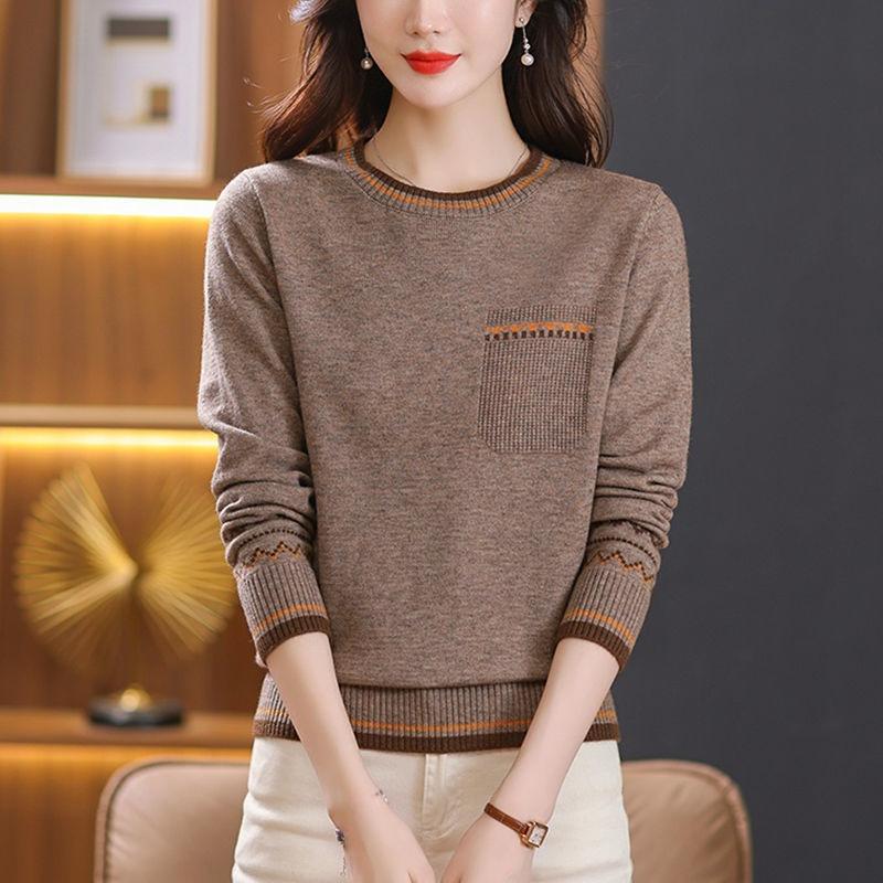 Color-blocked Round-neck Knitted Sweater for Women In Winter Casual Long-sleeved Sweater and Fashionable Loose Pullover
