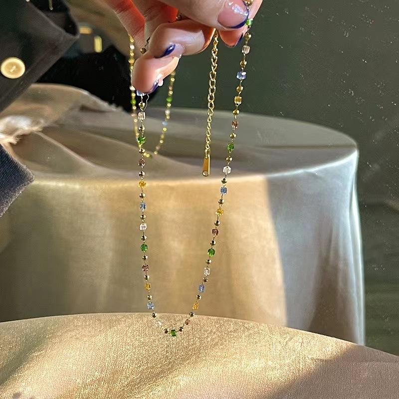 Gold Plated Stainless Steel Multicolor Cube Beaded Choker Necklace