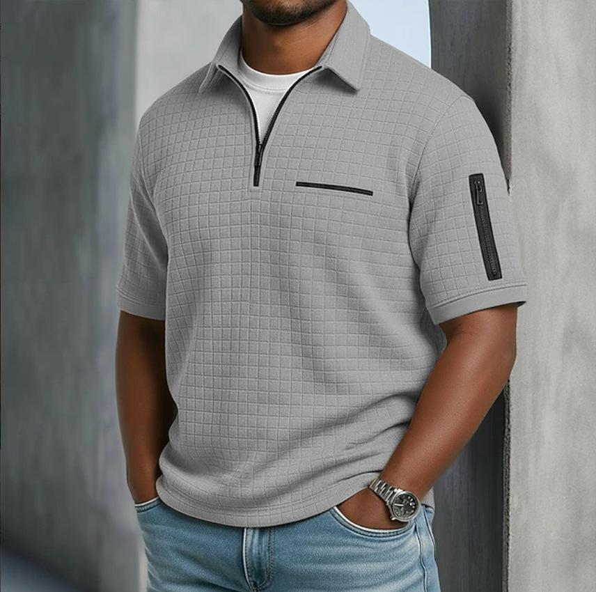 Men's Slim Fit Plaid Short Sleeve Shirt Zipper Front Casual Top with Decorative Arm Zip Pockets