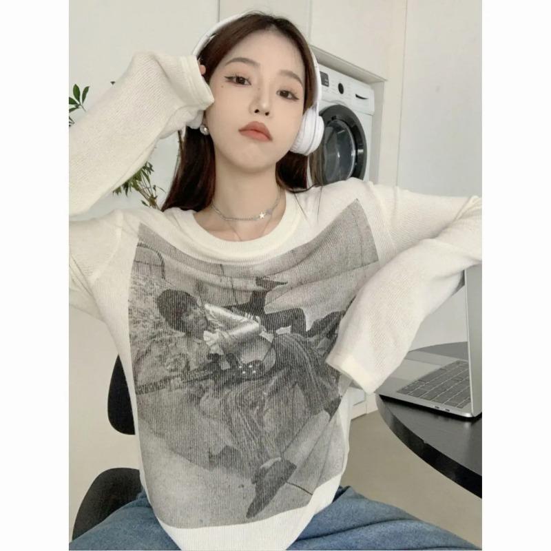 

American Retro Threaded Long-sleeved T-shirt for Women New Autumn Inner Layering Shirt Loose and Slim Design Top 2XL