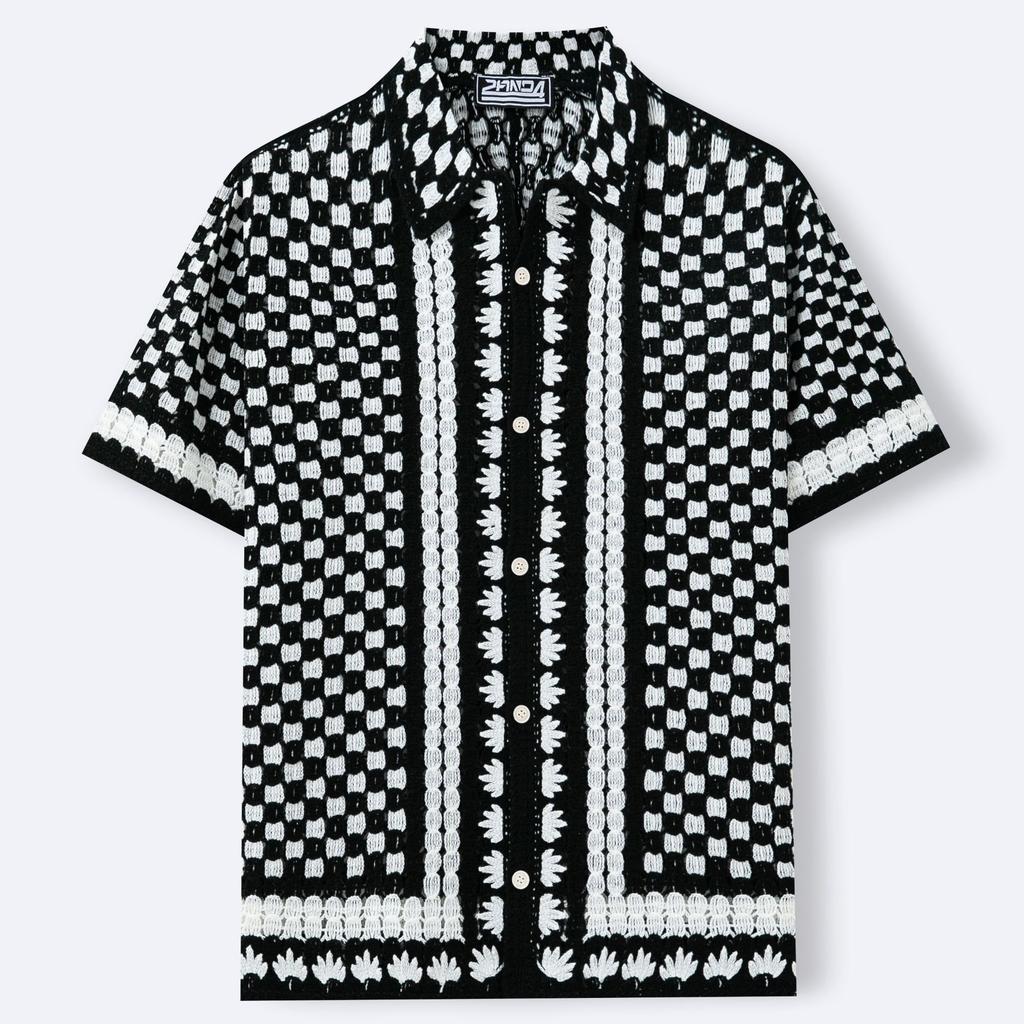 Men's Knitted Crochet Short Sleeve Shirts Casual Button Down Hollow Out Collared Shirt Tops for Men Summer Vacation Vintage Knit Golf Beach Shirts Top