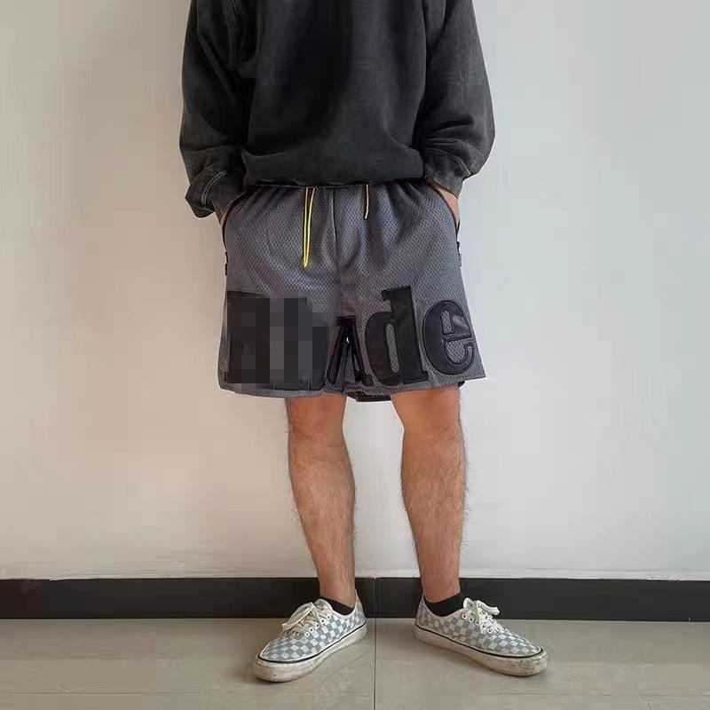 Trendy Brand RHUDE Leather Letter Embroidery Drawstring Mesh Basketball Sports Shorts Men's and Women's High Street Beach Five-point Pants