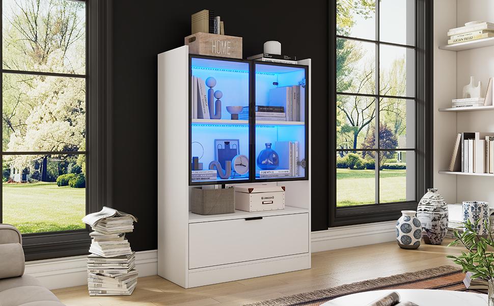 Moderner LED-Ausstellungsschrank Höhe 120cm mit LED-Beleuchtung, Wohnzimmerschrank mit Glastüren und Falttür, Spanplatten-Ausstellungsschrank, Weiß