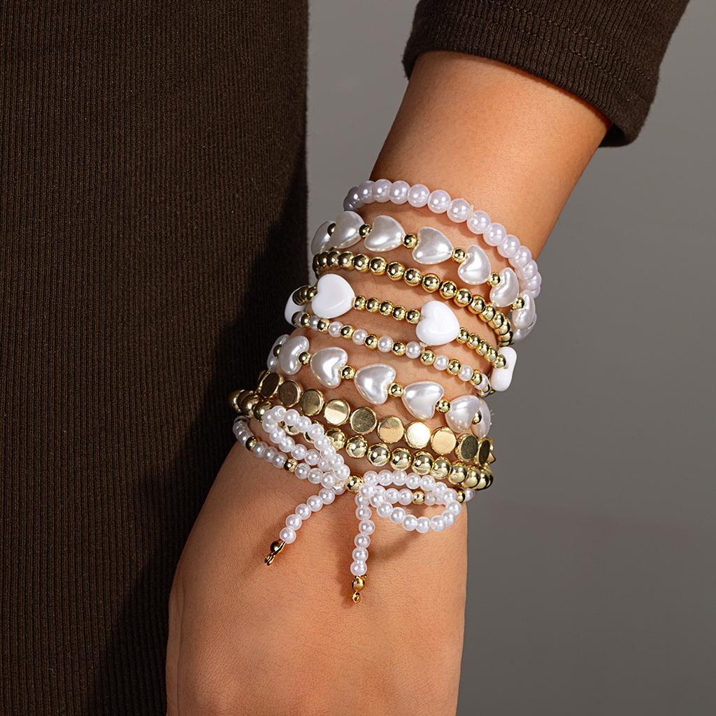 9 Bohemian style imitation pearl bow bracelets, multiple layered peach heart bead bracelets, women's bracelets, and bracelets