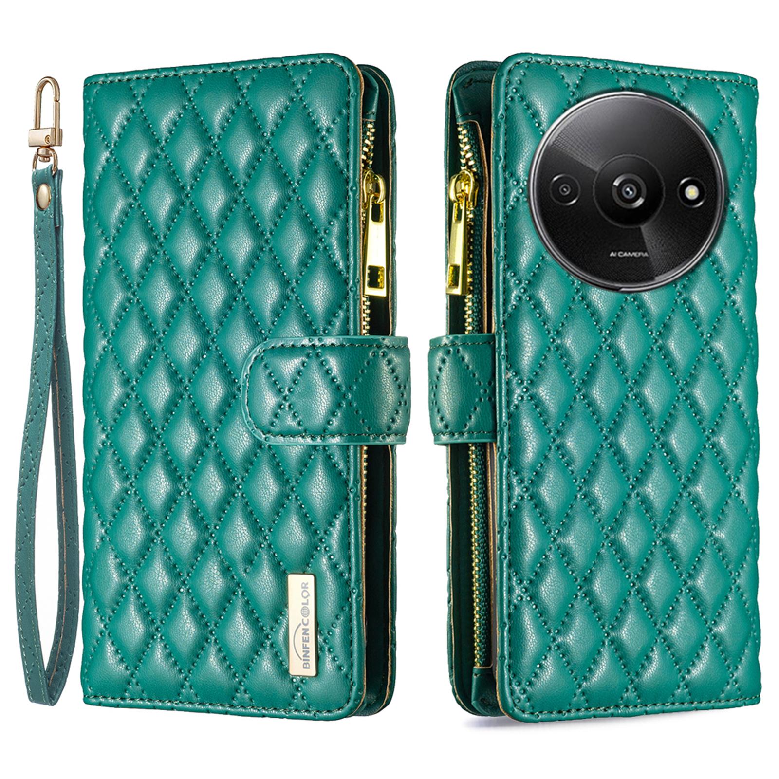 

BINFEN COLOR BF Style-15 For Xiaomi Redmi A3 4G/Poco C61 4G Case Zipper Flip Shockproof Leather Phone Cover Green