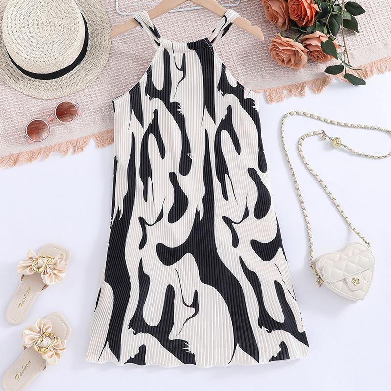 

European And American Style Girls Dress New Summer Children S Clothing Zebra Print Pleated Halter Neck Sleeveless Princess Dress 11-12Y